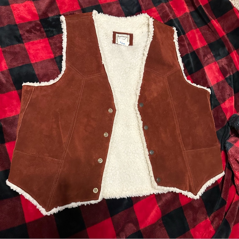 Vintage Leather Sherpa Steer Brand Vest sz Large